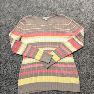 100% Cotton Studio Works V-Neck Sweater in Pink, Yellow, and Tan Stripes